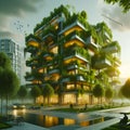 sustainable construction, modern Green skyscraper building with plants growing on the facade. Ecology and green living in city Royalty Free Stock Photo