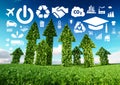 Sustainable development conceptual image. 3d illustration of fresh green leaf arrows growing from grass meadow and pointing