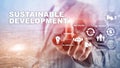 Sustainable development, ecology and environment protection concept. Renewable energy and natural resources. Double exposure of su Royalty Free Stock Photo