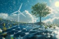 Sustainable energy blend windmill, solar panel, and tree coexisting in natural environment Royalty Free Stock Photo