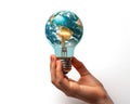 Sustainable Energy Campaign represented by the Earth inside a light bulb held by a woman\'s hand on a white background Royalty Free Stock Photo