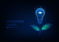 Sustainable energy concept. Futuristic glowing low poly flower made of light bulb and green leaves. Royalty Free Stock Photo