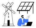 Sustainable energy solutions with windmill, solar panel, and professional working on laptop Royalty Free Stock Photo
