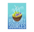 Sustainable Energy Sources, Green Technology, Environment Concept. Solar Battery, Wind Energy. Ecology Banner, Poster