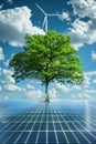 Sustainable energy synergy windmill, solar panel, and tree in a harmonious natural landscape Royalty Free Stock Photo
