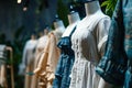 Sustainable fashion concept. A row of mannequins are dressed in various outfits, including a white dress