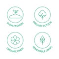 Sustainable fashion line icon set. Eco viscose product logo. Slow fashion badge. Organic cotton, natural dyes, renewable