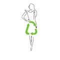 Sustainable fashion. Silhouet woman in outline in dress with sign for recycling. Concept for slow fashion, circular