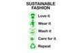 Sustainable fashion text with wear it, wear it, love it, wash it, care for it, repeat icons