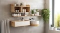 Sustainable and Functional: Modern Bamboo Shelves for Bathroom Essentials. Generative AI Royalty Free Stock Photo