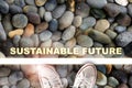 Sustainable future written on pattern of stones and starting line with white sneaker Royalty Free Stock Photo