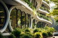 Sustainable futuristic city building, green plants on exterior wall