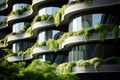 Sustainable green building. Eco-friendly building. Sustainable glass office building with garden on balconies. Office with green Royalty Free Stock Photo