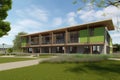 sustainable and green community center, with meeting rooms, classrooms, and kitchenette