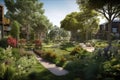 sustainable and green community with communal garden and walking paths