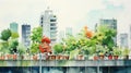 Sustainable Heights: A Minimalist Watercolor Ode to Urban Greening