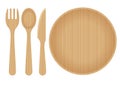 Sustainable Home Goods and Eco-Friendly Dinnerware. Bamboo spoons, fork, knives and plate isolated on a white background