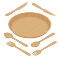Sustainable Home Goods and Eco-Friendly Dinnerware. Isometric bamboo spoons, fork, knives, plate isolated on a white