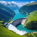 Sustainable hydroelectricity renewable energy to limit aerial and summer are all produced by a dam and reservoir lake in Royalty Free Stock Photo