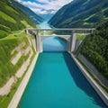 Sustainable hydroelectricity renewable energy to limit aerial and summer are all produced by a dam and reservoir lake in Royalty Free Stock Photo