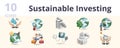 Sustainable investing set. Creative icons: water efficiency, climate stability, waste management, natural resource