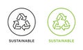 Sustainable Line Green and Black Icon Set. Sustainability Nature Pictogram. Eco Recycle Icon. Sustainable Arrow Symbol