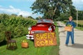 Sustainable Living, Nostalgic Farmer Selling Sweet Corn Royalty Free Stock Photo