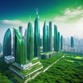 Sustainable modern city with dense skyscrapers amidst green