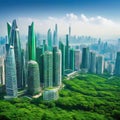 Sustainable modern city with dense skyscrapers amidst green