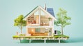 sustainable modern house building with solar panels and heat pump illustration