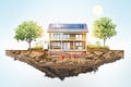 sustainable modern house building with solar panels and heat pump illustration Royalty Free Stock Photo