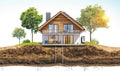 sustainable modern house building with solar panels and heat pump illustration