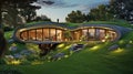 Sustainable modern luxury earth-sheltered home with big lawn with trees, concept of eco friendly green roof house Royalty Free Stock Photo