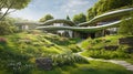 Sustainable modern luxury earth-sheltered home big lawn with trees, concept of eco friendly green roof house