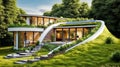 Sustainable modern luxury earth-sheltered home with solar panels and big lawn with trees, concept of eco friendly green roof house Royalty Free Stock Photo