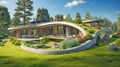 Sustainable modern luxury earth-sheltered home with solar panels and big lawn with trees, concept of eco friendly green roof house