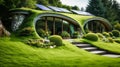 Sustainable modern luxury earth-sheltered home with solar panels and big lawn with trees, concept of eco friendly green roof house Royalty Free Stock Photo