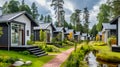 Sustainable Modern Luxury Village with cottages, concept of eco friendly house in forest