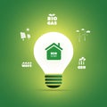 Sustainable Resources, Renewable, Reusable Green Energy Concept with Bright Glowing Lightbulb and Symbols Royalty Free Stock Photo