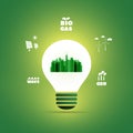 Sustainable Resources, Renewable, Reusable Green Energy Concept with Smart City Symbol in Bright Glowing Light Bulb Royalty Free Stock Photo