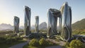 Sustainable sci-fi futuristic skyscraper village masterplan in nature - Generative AI Illustration