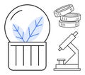 Sustainable Science Concept with Plant in Glass, Microscope, and Stack of Coins Royalty Free Stock Photo
