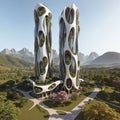 Sustainable skyscraper village masterplan in nature - Generative AI Illustration