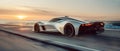 Sustainable Speed: Eco Supercar Cruises Coastal Road at Twilight. Concept Eco Supercar, Coastal