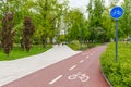 Sustainable transport. Blue road sign or signal of bicycle lane Royalty Free Stock Photo