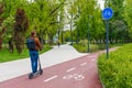 Sustainable transport. Blue road sign or signal of bicycle lane