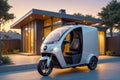 Sustainable Transport, EV Trike in Evening Glow by Modern Home, AI Generated Royalty Free Stock Photo