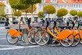 Sustainable transport. Row of bikes parked for hire