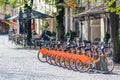 Sustainable transport. Row of bikes parked for hire in the old town