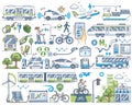 Sustainable transportation or environmental power type outline collection set